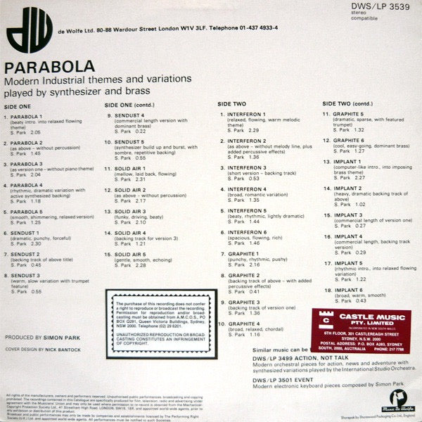 Image of Back Cover of LP - VG/VG+ - SIMON PARK, Parabola (Music De Wolfe; DWS/LP 3539, UK 1984), Edge and Ring Wear,  - 3946090S