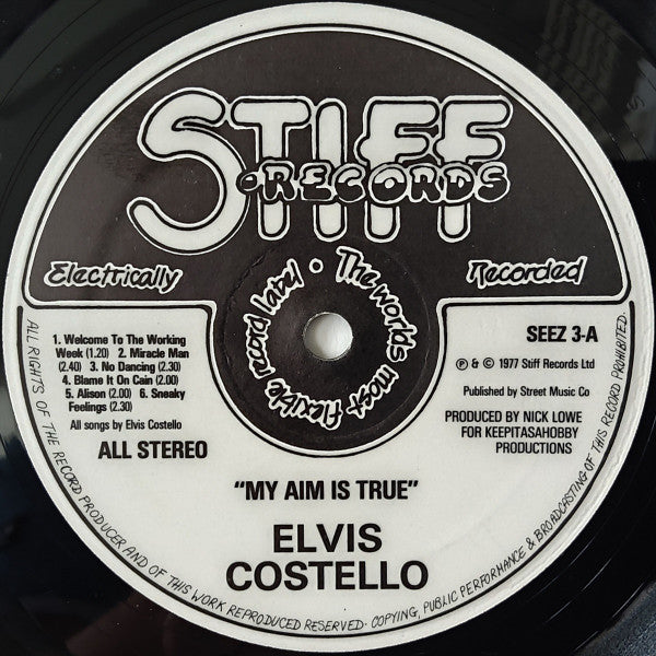 Image of Label Cover of LP - VG+/VG - ELVIS COSTELLO, My Aim Is True (Stiff; SEEZ3, UK 1977, Orange Back Cover), ,  - 2426228E