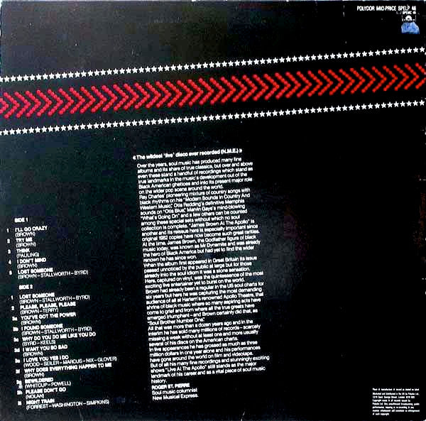 Image of Back Cover of LP - VG/VG+ - JAMES BROWN, Live at the Apollo vol 1 (Polydor; SPELP 46, UK 1983 Reissue), Nice clean copy.,  - 2016358C
