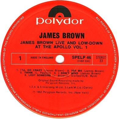 Image of Label Cover of LP - VG/VG+ - JAMES BROWN, Live at the Apollo vol 1 (Polydor; SPELP 46, UK 1983 Reissue), Nice clean copy.,  - 2016358C