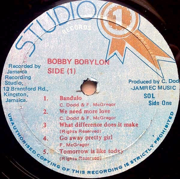 Image of Label Cover of 5024272E: LP - FREDDIE MCGREGOR, Bobby Bobylon (Studio One; none, Jamaica 1979, Card Sleeve) Marks on disc. Plays well. Light wear to sleeve with ringwear.  VG/VG