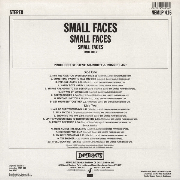 Image of Back Cover of LP - VG/VG+ - THE SMALL FACES, Small Faces (Immediate/ Sequel; NEMLP 415, UK 1999 Reissue, 180g Vinyl Remaster with Extra Tracks - No 7"), A few hairlines on side 1. ,  - 2726368E