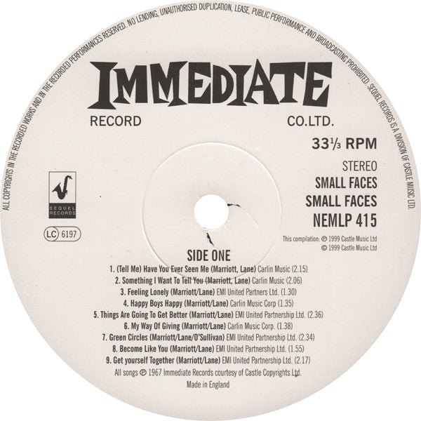 Image of Label Cover of LP - VG/VG+ - THE SMALL FACES, Small Faces (Immediate/ Sequel; NEMLP 415, UK 1999 Reissue, 180g Vinyl Remaster with Extra Tracks - No 7"), A few hairlines on side 1. ,  - 2726368E