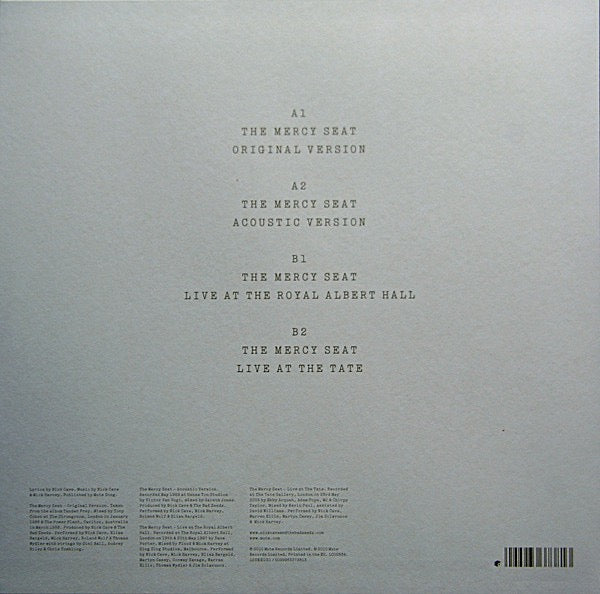 Image of Back Cover of 3614097C: 12" - NICK CAVE & THE BAD SEEDS, The Mercy Seat (Mute; 12SEEDS1, UK 2010, Textured Sleeve With Metallic Embossing, White Vinyl, Record Store Day 2010 Limited Edition.) Still In Shrinkwrap  EX/EX