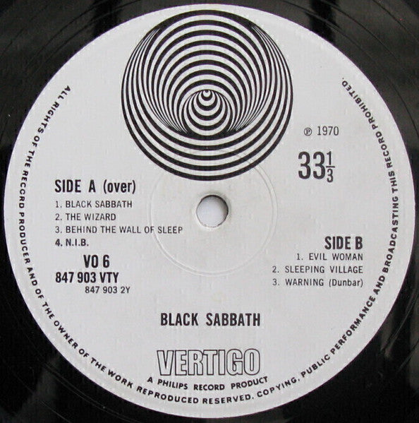 Image of Label Cover of LP - VG/G - BLACK SABBATH, Black Sabbath (Vertigo Spiral; VO6, UK 1970, Gatefold, Spiral Inner, 1st Press - Black inside - Lyrics on Inverted Cross, A Philips Record Product on Label), Sleeve Has Some Small Writing On The Back. Has A Slight Musty Storage SmelL, But Looks Great With Very Light Edge Wear.,  - 3046101S