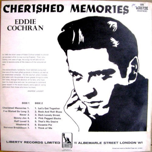 Image of Back Cover of 0625061E: LP - EDDIE COCHRAN, Cherished Memories (Liberty Black and Rainbow; LBS83072E, UK 1968, Stereo)   VG+/VG