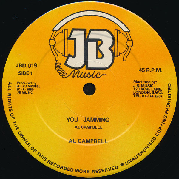 Image of Label Cover of 2444167S: 12" - AL CAMPBELL, You Jamming (JB Music; JBD 019, UK 1980, Company Sleeve) Quite a few marks and scuffs on disc, sounds like a strong VG, VG+ in places! SWOL. Quite a bit of ringwear on company sleeve.  VG/VG