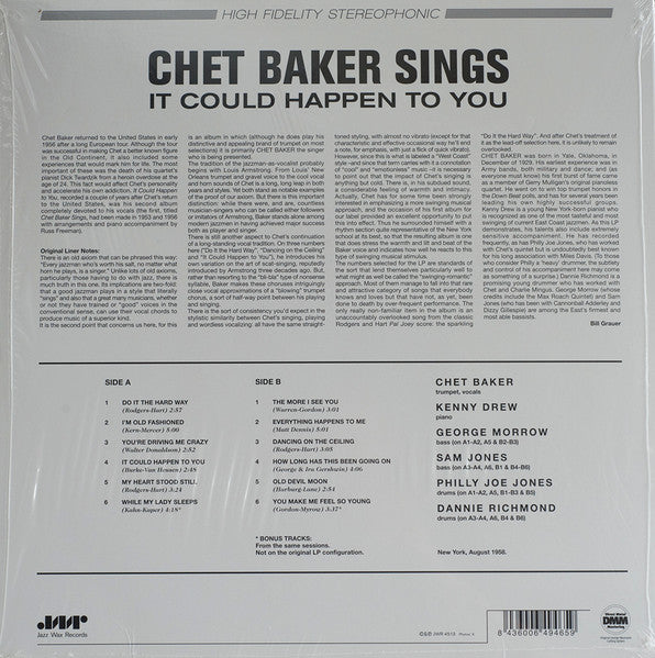 Image of Back Cover of LP - NEW/NEW - CHET BAKER, It Could Happen To You (Jazz Wax Records; JWR4513, Spain 2009 Reissue, 180 Gram Vinyl), ,  - 2416309C