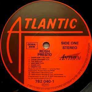 Image of Label Cover of LP - VG+/VG+ - RUSH, Presto (Atlantic; WX 327, UK & Europe 1989, Inner), Light scratch on front sleeve &  pen indentation "Mark".,  - 1716247C