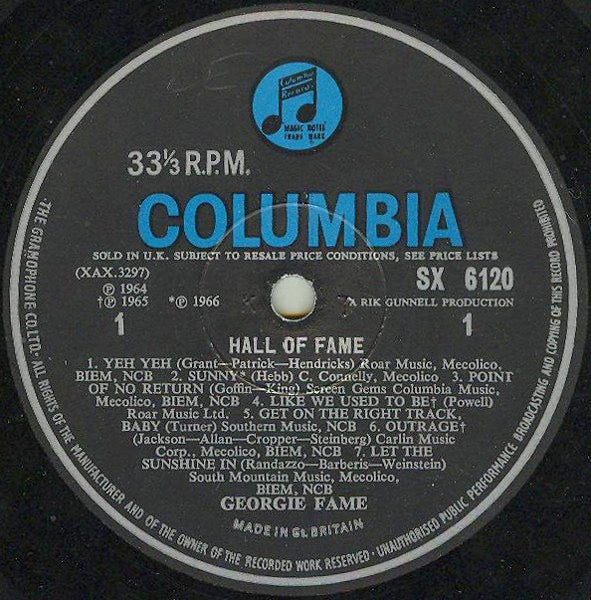 Image of Label Cover of 4425299E: LP - GEORGIE FAME, Hall Of Fame (Columbia; SX 6120, UK 1967, Laminated Flipback Sleeve, Company Inner, Mono.)   VG/VG+