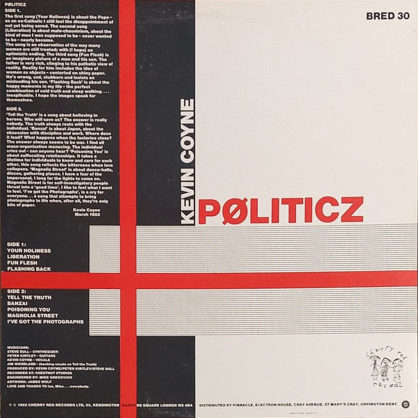 Image of Back Cover of LP - VG+/VG+ - KEVIN COYNE, Politicz (Cherry Red; BRED30, UK 1982, Inner), ,  - 1026121E