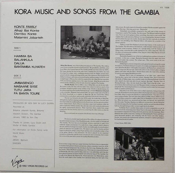 Image of Back Cover of LP - VG/VG - KONTE FAMILY, Mandinka Music: Kora Music And Songs From The Gambia (Virgin ; VX 1006, UK 1982), Record has some superficial marks.,  - 4216408C