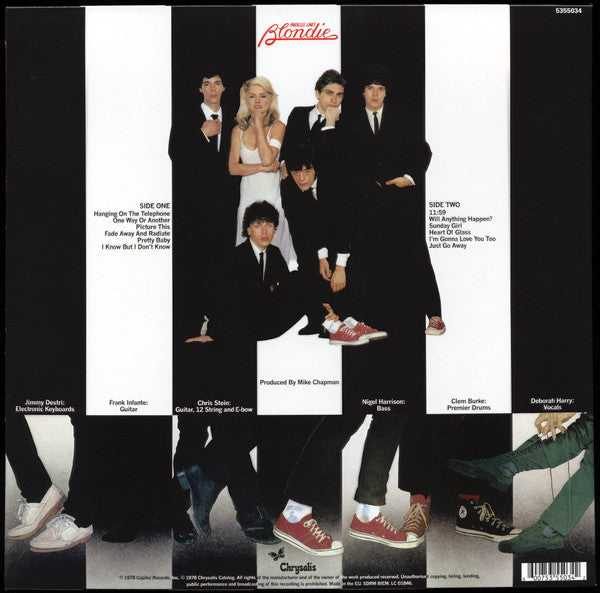 Image of Back Cover of LP - NEW/NEW - BLONDIE, Parallel Lines (Chrysalis - Back to Black; 5355034, UK 2015 Reissue, Inner, 180 Gram Vinyl, ), , Until 1978, Blondie was perceived mostly as a '60s-referencing, British-invasion-meets-girl-groups band. With veteran producer Mike Chapman at the helm for their third album, though, everything changed for this group bred from the New York punk scene. Honing in on Blondie's strongest points - Debbie Harry's come-hither vocals and Clem Burke's powerhouse drumming - C