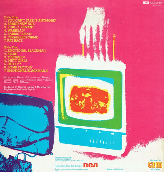 Image of Back Cover of LP - VG/VG - U.K. SUBS, Brand New Age (GEM; GEMLP 106, UK 1980, Insert, Clear Vinyl Browned Through Age), Browned a fair bit, Still translucent, Fine hairlines only when held under strong light, Light wear to sleeve,  - 3316210C