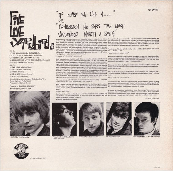 Image of Back Cover of 3424085E: LP - YARDBIRDS, Five Live (Charly; CR30173, UK Reissue)   VG+/VG