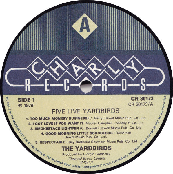 Image of Label of 3424085E: LP - YARDBIRDS, Five Live (Charly; CR30173, UK Reissue)   VG+/VG