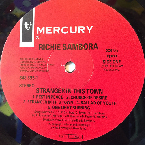 Image of Label Cover of LP - VG+/VG+ - RICHIE SAMBORA, Stranger In This Town (Mercury; 848 895-1, Europe 1991, Text On Front Of Sleeve), ,  - 3416177C