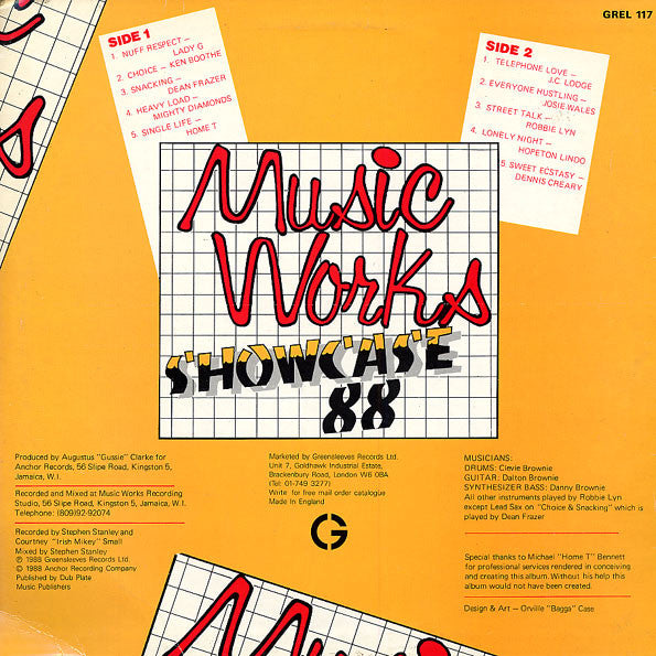 Image of Back Cover of LP - VG/VG - VARIOUS, Music Works Showcase 88  (Greensleeves; GREL 117, UK 1988), Writing on back of the sleeve. Slight sign of ringwear Great condition of vinyl with very few hairlines.,  - 4226387E
