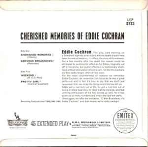 Image of Back Cover of 2214236C: 7" EP - EDDIE COCHRAN, Cherished Memories Of Eddie Cochran (Liberty; LEP 2123, UK 1963 Reissue, Laminated Flipback Sleeve) Light marks only. Date stamped and first track time written on rear of sleeve.  VG/G