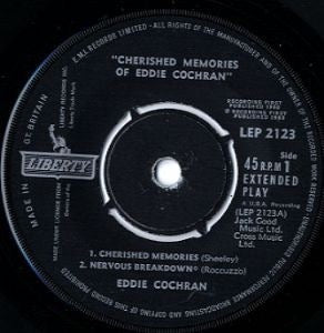 Image of Label Cover of 2214236C: 7" EP - EDDIE COCHRAN, Cherished Memories Of Eddie Cochran (Liberty; LEP 2123, UK 1963 Reissue, Laminated Flipback Sleeve) Light marks only. Date stamped and first track time written on rear of sleeve.  VG/G