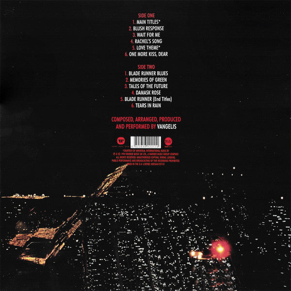 Image of Back Cover of LP - NEW/NEW - VANGELIS, Blade Runner (East West; 0825646122110, UK 2015 Reissue, Gatefold, 180 Gram Vinyl), , Blade Runner is the timeless soundtrack to the film of the same name directed by Ridley Scott. The soundtrack was composed by Vangelis. It is a dark, melodic combination of classic composition and futuristic synthesizers (mainly a Yamaha CS-80) which mirrors the film-noir retro-future envisioned by Scott. - 3416234C