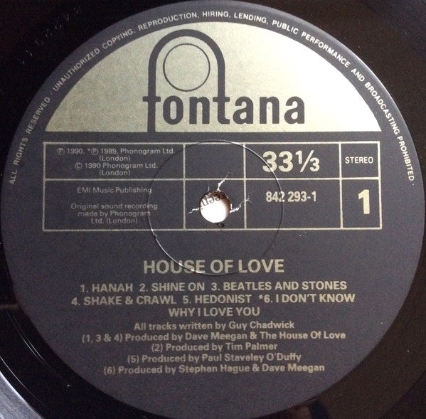 Image of Label Cover of 0125272E: LP - THE HOUSE OF LOVE, The House Of Love (Fontana; 842 293-1, UK 1990, Inner & Insert, "Hanah" Spelling On Label)   VG+/VG+