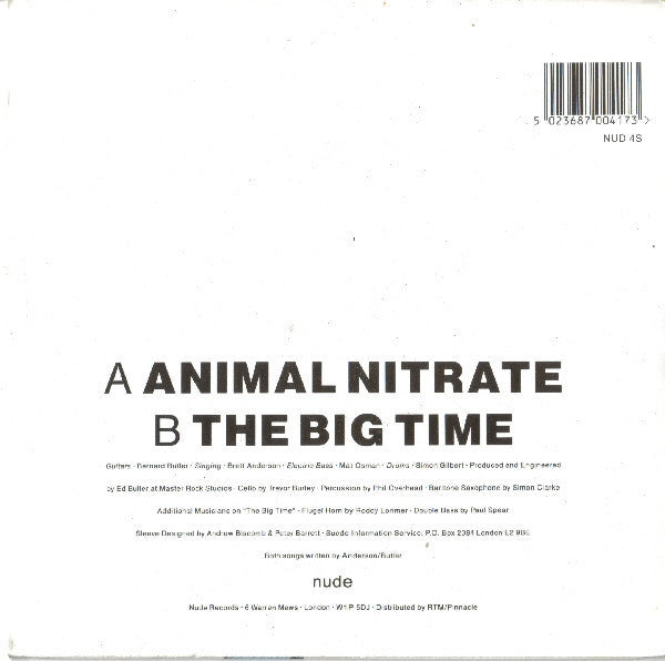 Image of Back Cover of 7" - VG/VG+ - SUEDE, Animal Nitrate (Nude Records; NUD 4S, UK 1993, Picture Sleeve), ,  - 2916358C