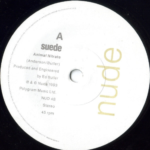 Image of Label Cover of 7" - VG/VG+ - SUEDE, Animal Nitrate (Nude Records; NUD 4S, UK 1993, Picture Sleeve), ,  - 2916358C