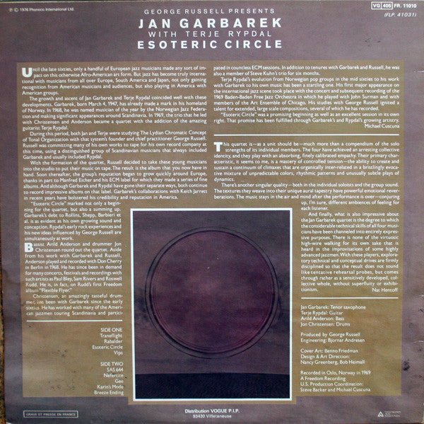 Image of Back Cover of 4925048E: LP - GEORGE RUSSELL PRESENTS JAN GARBAREK WITH TERJE RYPDAL, Esoteric Circle (ECM; FLP.41031, France 1976 Reissue)   VG/VG+