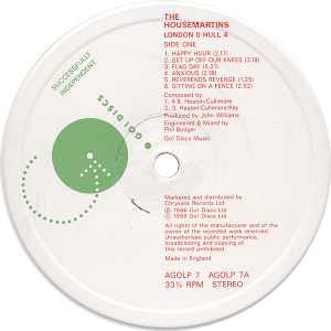 Image of Label of 1824426E: LP - THE HOUSEMARTINS, London 0 Hull 4 (Go Discs!; AGOLP 7, UK 1986, Inner, Top Right Go Discs Logo.)   VG+/VG