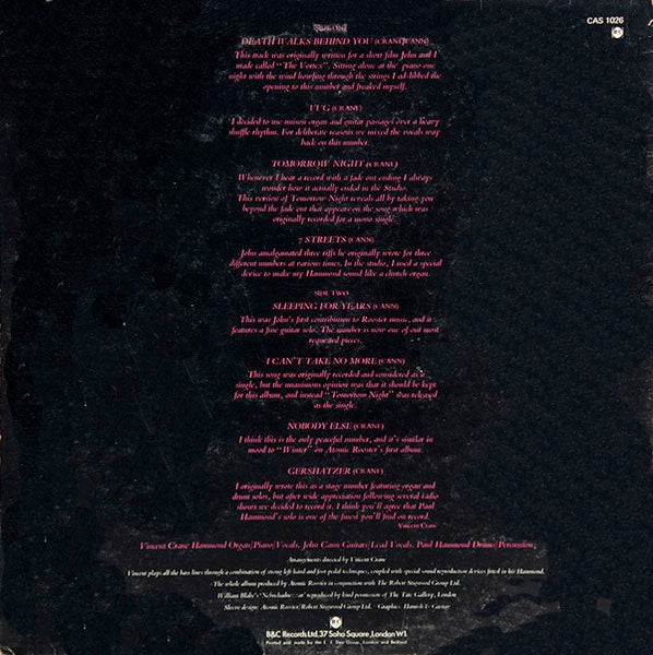 Image of Back Cover of LP - VG/VG+ - ATOMIC ROOSTER, Death Walks Behind You (B & C Records; CAS-1026, UK 1970, Gatefold), Edge and Ring Wear,  - 2826057E