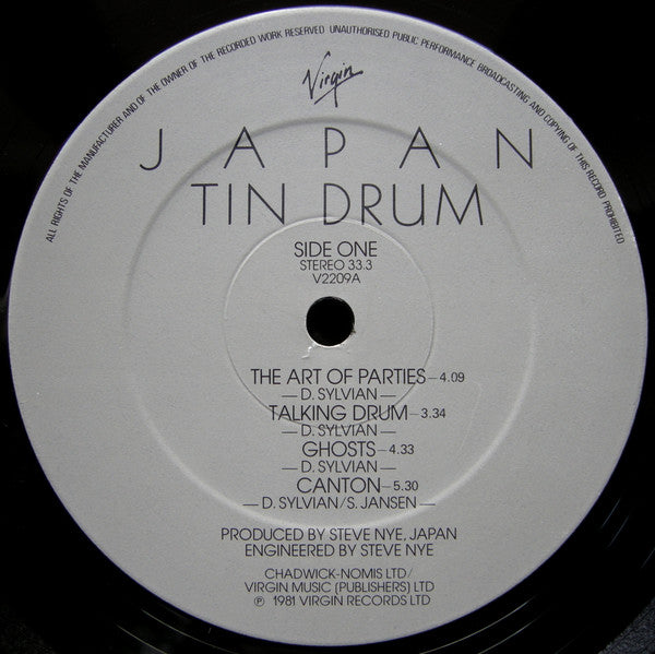 Image of Label Cover of LP - VG+/VG+ - JAPAN, Tin Drum (Virgin; V2209, UK 1981, "Utopia" Matrix), ,  - 4016238C