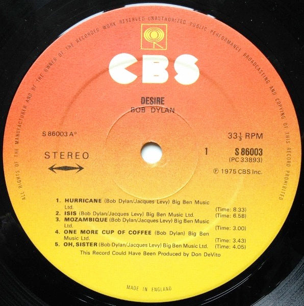 Image of Label Cover of 4344347S: LP - BOB DYLAN, Desire (CBS Orange/Yellow; CBS 86003, UK 1976, Inner, Made In England at Bottom of Label.) Bumped corner. Light edge wear and creasing.  VG/VG+