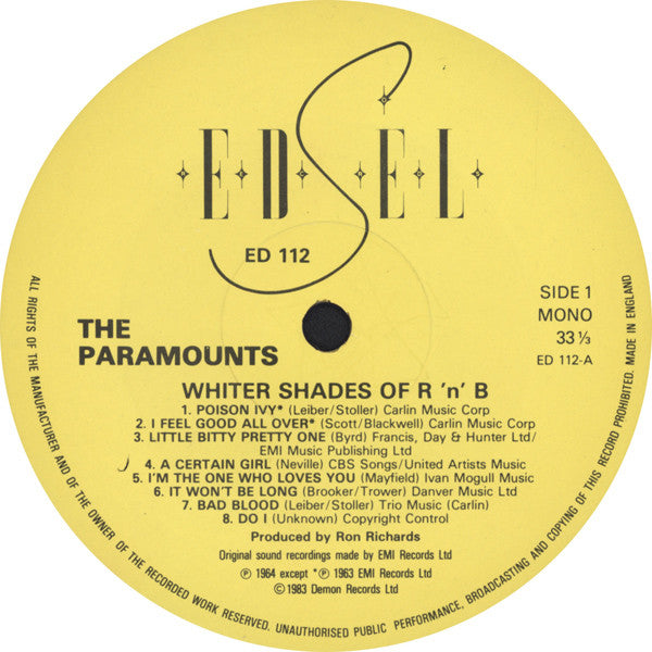 Image of Label Cover of LP - VG+/VG+ - THE PARAMOUNTS, Whiter Shades Of R&B (Edsel; ED 112, UK 1983, Insert, Mono - Pre - Procol Harum), ,  - 3026076E