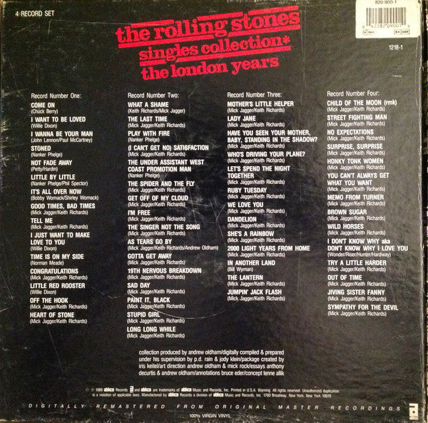 Image of Back Cover of 4xLP - VG+/VG - THE ROLLING STONES, Singles Collection - The London Years (ABKCO; 820 900-1, US 1989, Box Set, 4 Inners, Booklet & Insert), Strong VG vinyl, Clean and glossy, Just a few very light wispy hairlines on some sides. Box is robust and nicely intact, Very light dinks at corners, Clean booklet, Insert and Inners,  - 4016099C