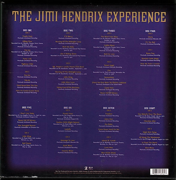 Image of Back Cover of 8xLP - VG/G+ - THE JIMI HENDRIX EXPERIENCE, Box Set - 56 Unreleased or Unavailable Recordings (Experience Hendrix; AMCA 112316, US 2000, Velvet Box Set, 180 Gram Vinyl), The Velvet Smells Musty! And The Records Have Marks Even Though It Was Sealed.,  - 3156091S