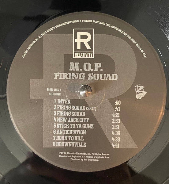 Image of Label Cover of LP - G+/G+ - M.O.P, Firing Squad (Relativity; 88561-1555-1, US 1996), Lots of marks but plays surprisingly well. Sticker residue on labels. Wear to sleeve with multiple light creasing and writing on front.,  - 4226236E