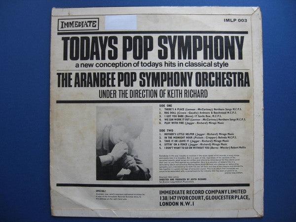 Image of Back Cover of  1524392E: LP - THE ARANBEE POP SYMPHONY ORCHESTRA (KEITH RICHARD), Todays Pop Symphony (Immediate Lilac; IMLP 003, UK 1966, Laminated Flipback Sleeve, Mono)   VG/VG