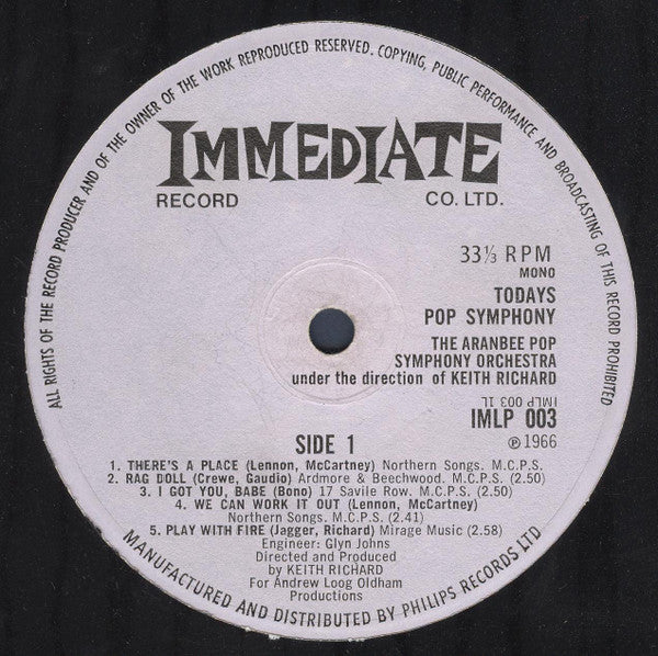 Image of Label Cover of  1524392E: LP - THE ARANBEE POP SYMPHONY ORCHESTRA (KEITH RICHARD), Todays Pop Symphony (Immediate Lilac; IMLP 003, UK 1966, Laminated Flipback Sleeve, Mono)   VG/VG