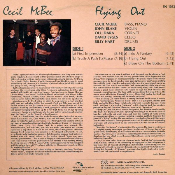 Image of Back Cover of 2314316C: LP - CECIL MCBEE, Flying Out (India Navigation; IN 1053, US 1982) Cut-out (Corner cut). Light ring wear and some creasing to sleeve. Disc is glossy with only the lightest of marks.  VG/VG+