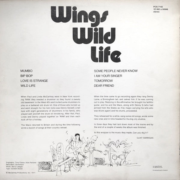 WINGS, Wild Life (Apple; PCS 7142, UK 1971, Pinched Spine, Yellow Inner) LP  G+/VG