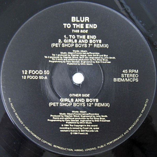 Image of Label Cover of 12" - VG/VG+ - BLUR, To The End (Food; 12 FOOD 50, UK 1994, Picture Sleeve), Edge wear.,  - 4016244C
