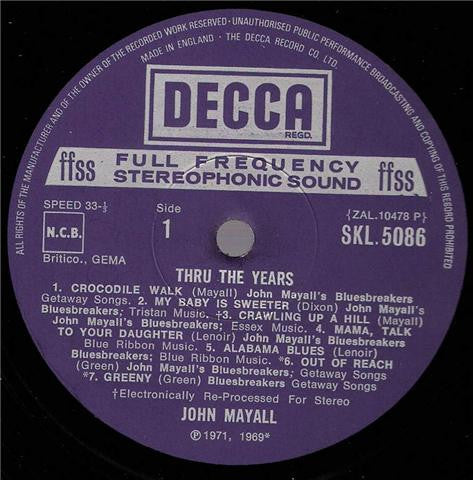 Image of Label Cover of 2944351S: LP - JOHN MAYALL, Thru the Years (Decca; SKL5086, UK 1971) Very clean LP, just one noticable scuff, spine wear  VG/VG