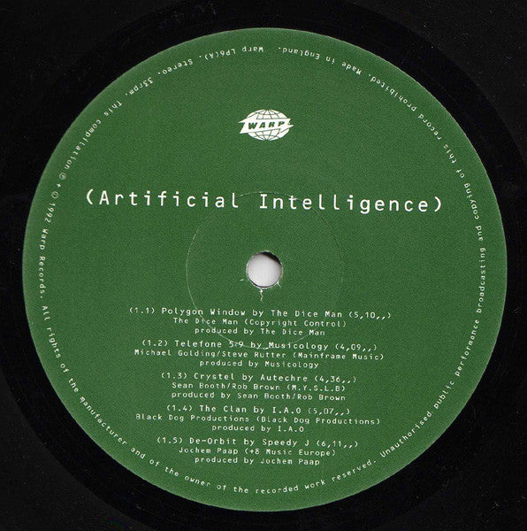 Image of Label of 2224361E: LP - VARIOUS, Artificial Intelligence (Warp Records; WARP LP6, UK 1992, Gatefold) Strong VG. Small patch of ex-sticker wear/evidence to gloss on front sleeve.  VG/VG