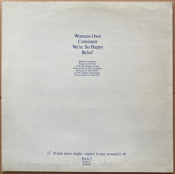 Image of Back Cover of 12" - VG/VG - THE DANSE SOCIETY, Woman's Own (Pax; PAX5, UK 1982), Hairlines and surface marks. Edge and ring wear, light stains on back of sleeve.,  - 4046181S