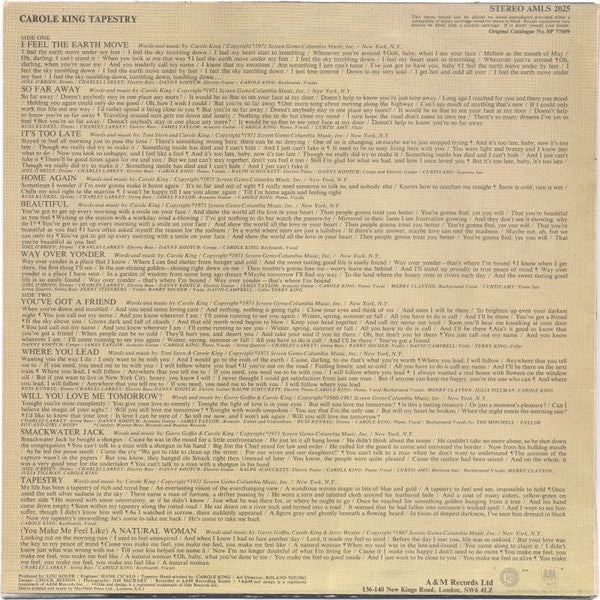 Image of Back Cover of LP - VG/VG - CAROLE KING, Tapestry (Ode / A&M Silver / White Labels; AMLS 2025, UK 1971, A&M Address On Bottom Of Label ), A few light marks, Sticker damage to sleeve,  - 4016123C