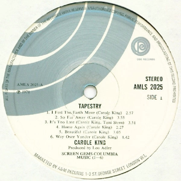 Image of Label Cover of LP - VG/VG - CAROLE KING, Tapestry (Ode / A&M Silver / White Labels; AMLS 2025, UK 1971, A&M Address On Bottom Of Label ), A few light marks, Sticker damage to sleeve,  - 4016123C