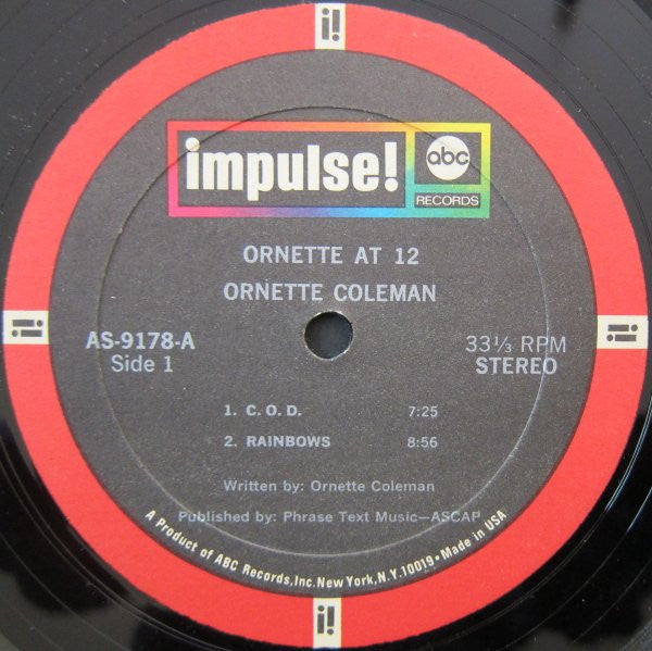 Image of Label Cover of LP - VG/VG - ORNETTE COLEMAN, Ornette At 12 (Impulse (Red Rim); AS-9178, US 1969, Gatefold, Stereo), A few light hairlines only.,  - 3826149E