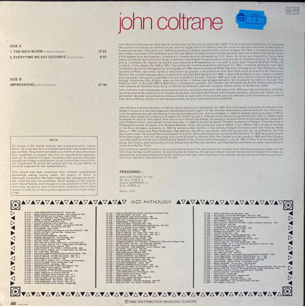 Image of Back Cover of LP - VG+/VG+ - JOHN COLTRANE, Live In Europe 1962 (Jazz Anthology; JA 5242, France 1982, Unofficial), A few very light hairlines only.,  - 1526030E