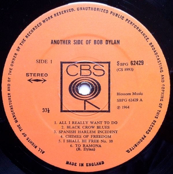 Image of Label Cover of 3824044E: LP - BOB DYLAN, Another Side Of Bob Dylan (CBS Orange (33 1/3 On Label); S BPG 62429, UK 1967 Reissue, Matt Sleeve, Stereo, Small BPG on Label)   VG+/VG